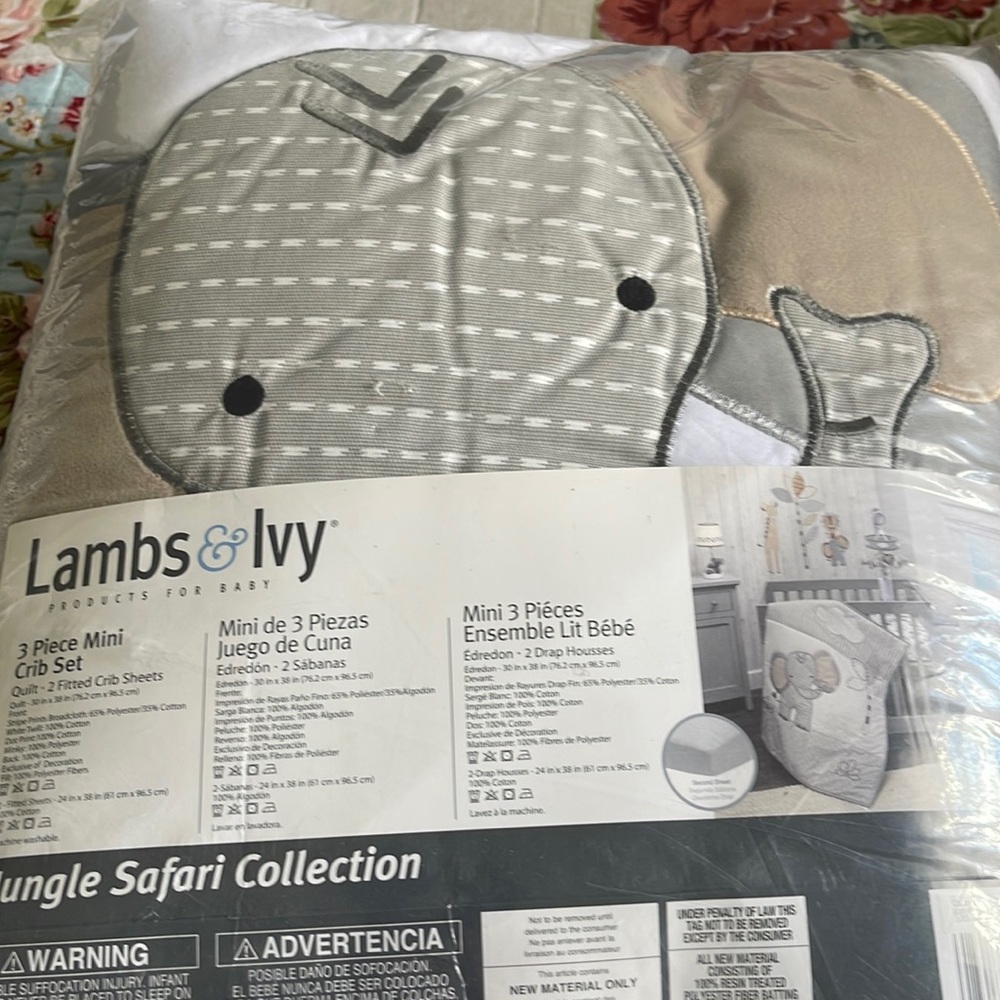Lambs & Ivy Jungle Safari Elephant 3-Piece
Mini Crib Bedding Set - Gray/White